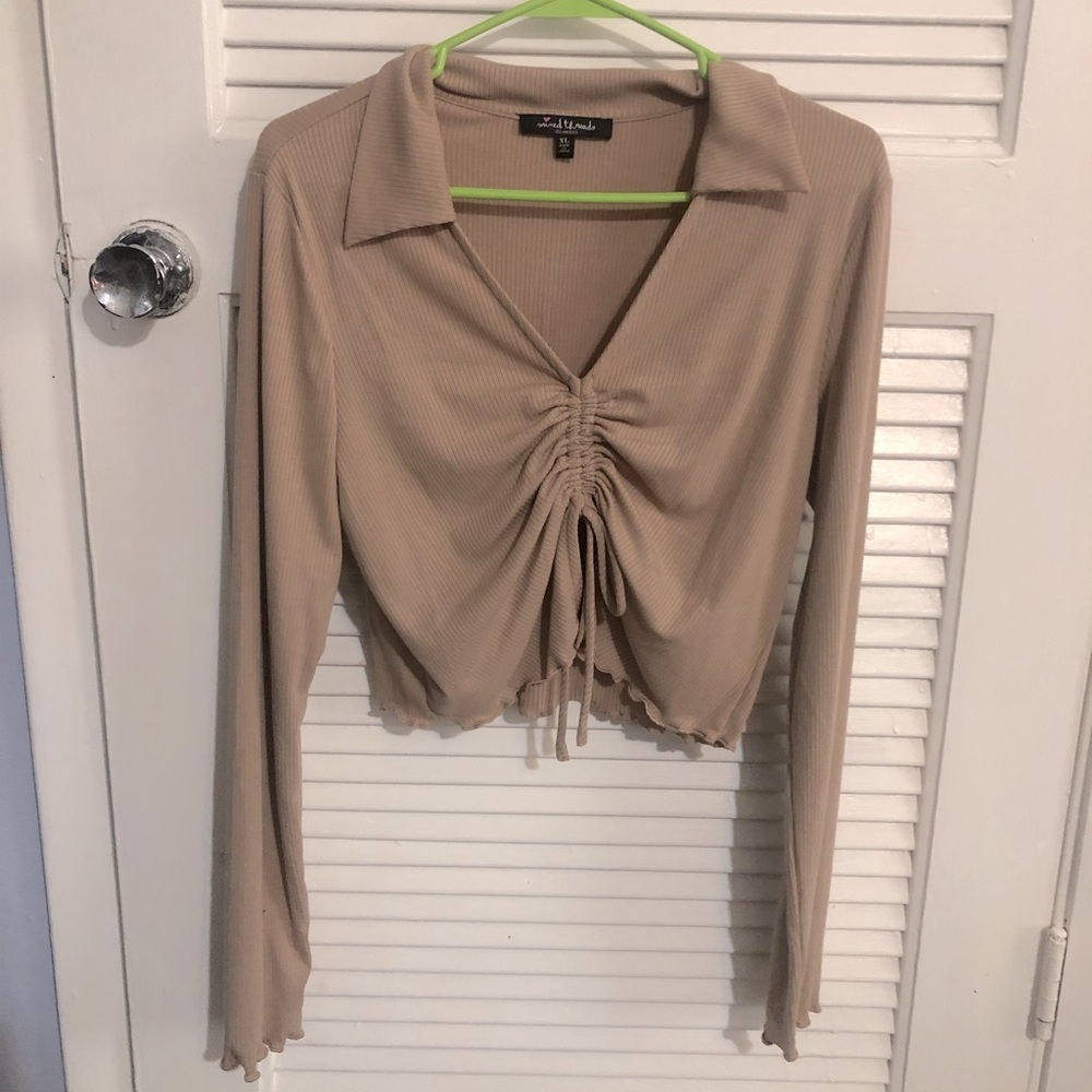 Mixed Thread nude frilled long-sleeve crop top